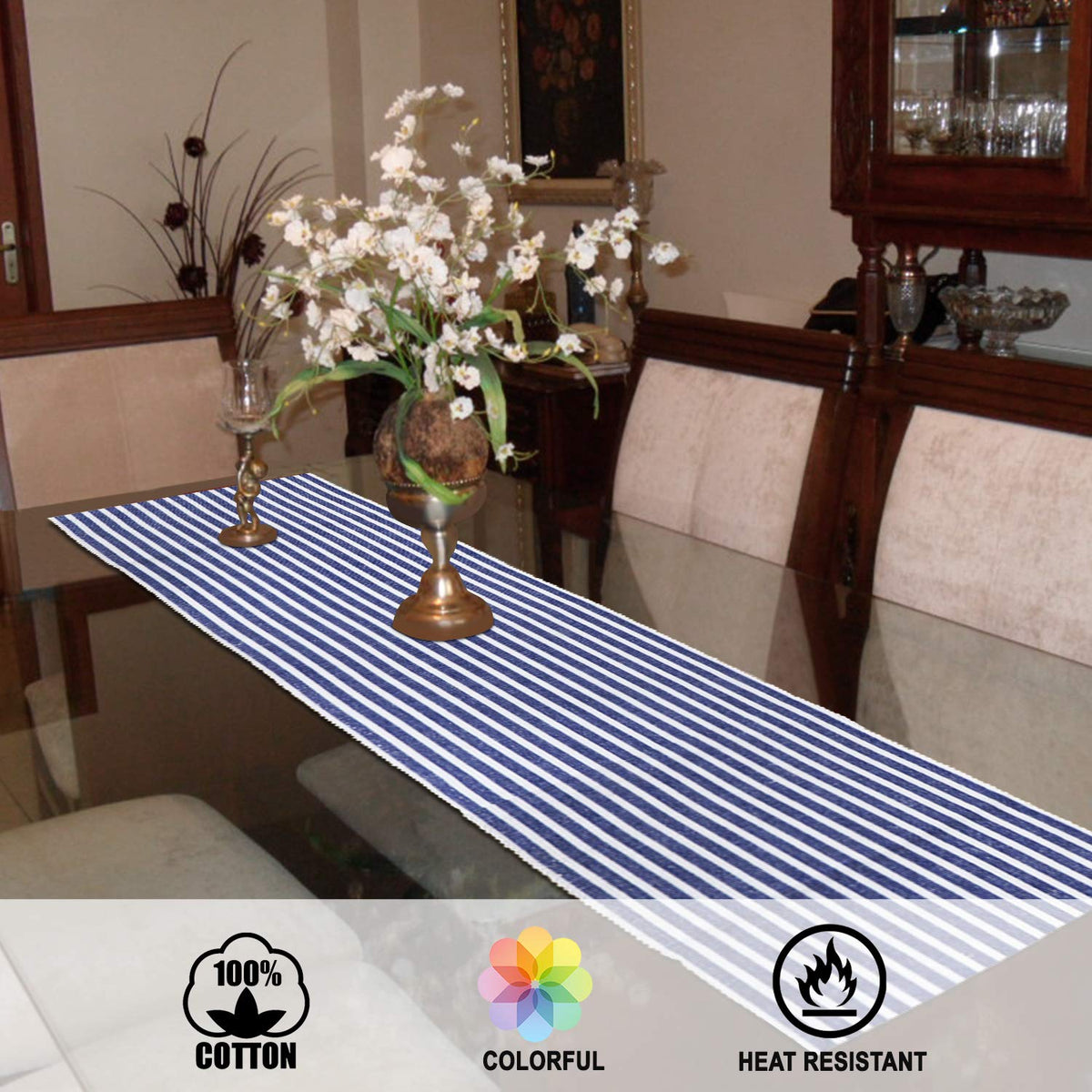 Buy Blue Colour Heat Resistant Eco-friendly Cotton Ribbed Dining Table Runner | HOKIPO