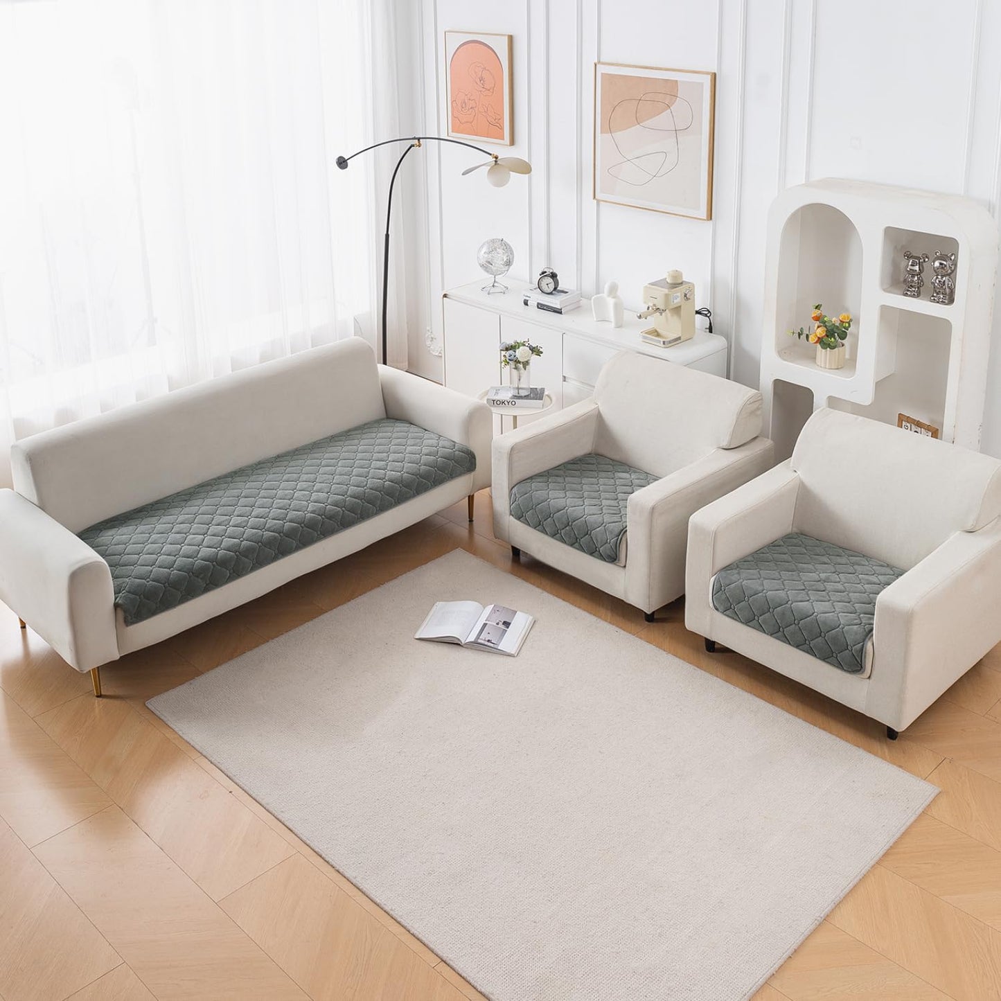 Diamond Tuft Quilted 5-Seater Sofa Mat (3+1+1), Anti-Slip, Stone Grey