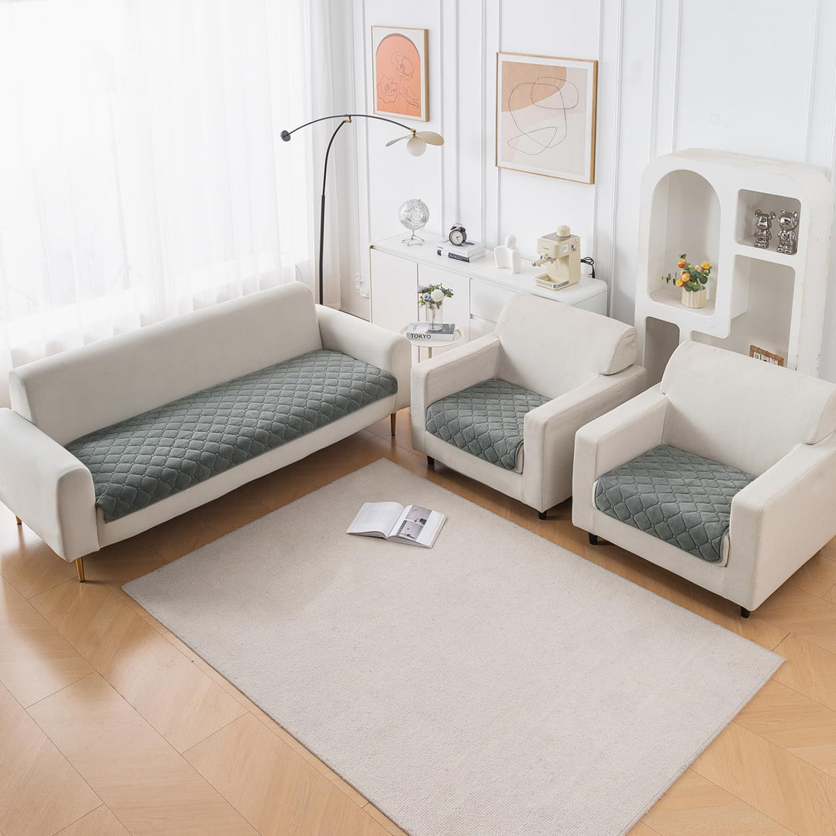 Diamond Tuft Quilted 5-Seater Sofa Mat (3+1+1), Anti-Slip, Stone Grey