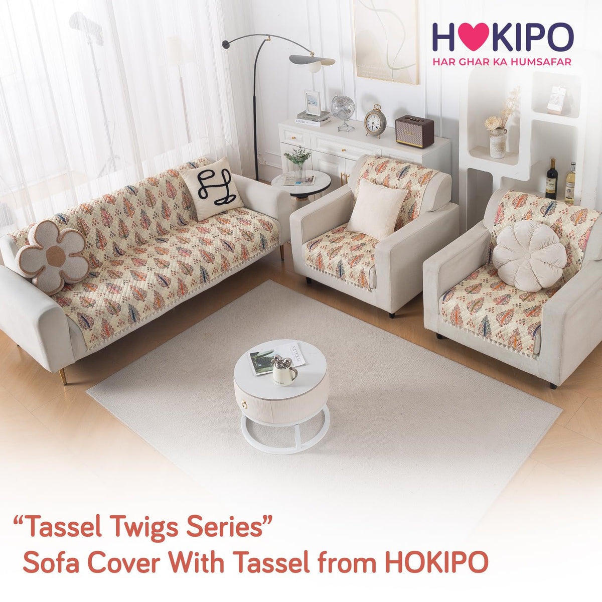 Quilted Sofa Cover 5-Seater Sofa Cover (3+1+1), Tassel Twigs | Royal Kalamkari