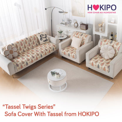 Quilted Sofa Cover 5-Seater Sofa Cover (3+1+1), Tassel Twigs | Royal Kalamkari
