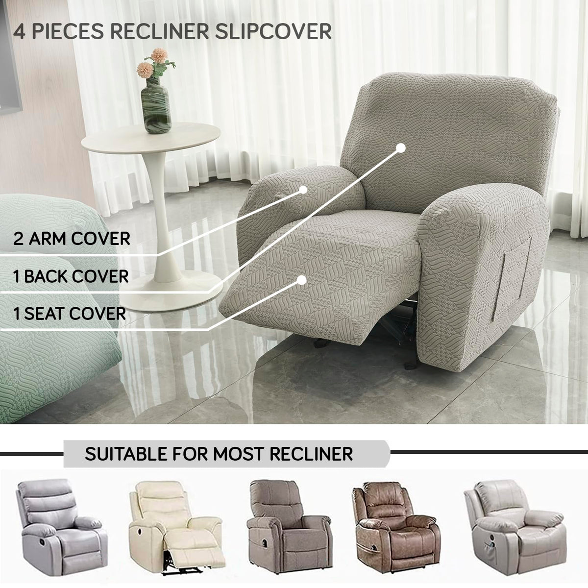 Buy Taupe Brown Colour Jacquard 4 Pieces Recliner Slipcover | HOKIPO