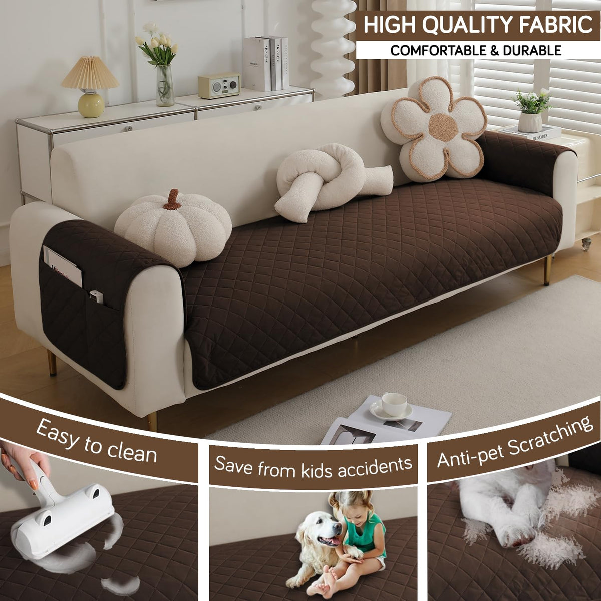 Quilted Waterproof Sofa Seat Mat for 1/2/3 Seater Sofa with 2 Armrest Covers with Pockets, Brown