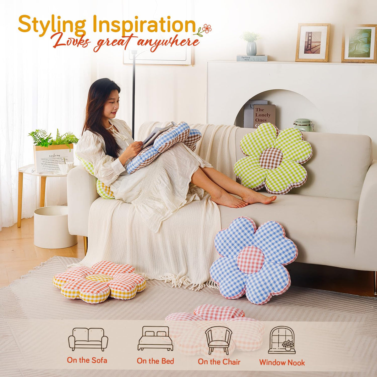 HOKIPO Checkered Daisy Flower Cushion for Sofa & Bed, 49 cm, Red