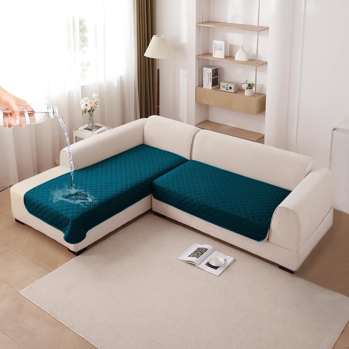 HOKIPO Waterproof Quilted Quick Dry L Shape Sofa Seat Cover Mat, Peacock Blue
