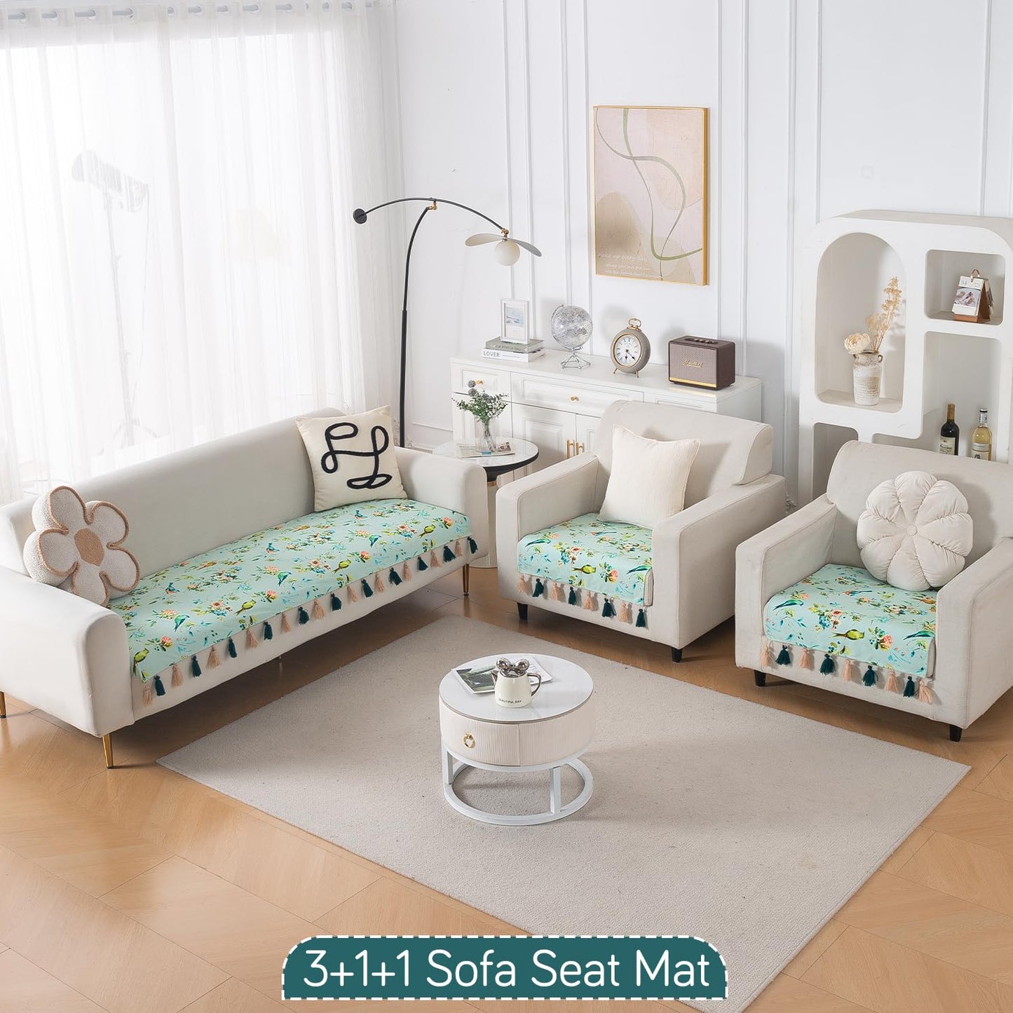 'Whispers of Nature' Series Holland Velvet Sofa Seat Mat with Tassel, Mint Birdsong Blossom