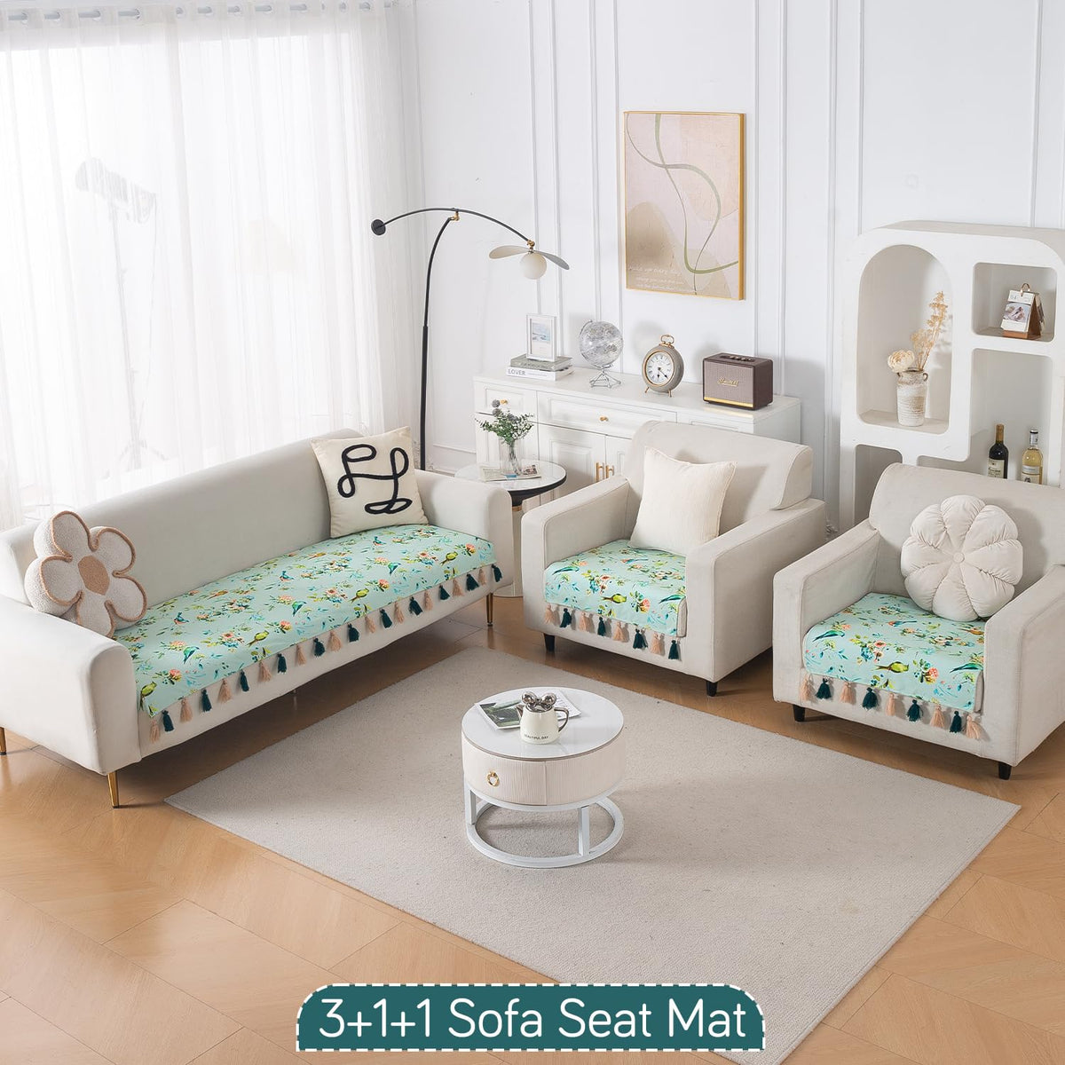 'Whispers of Nature' Series Holland Velvet Sofa Seat Mat with Tassel, Mint Birdsong Blossom