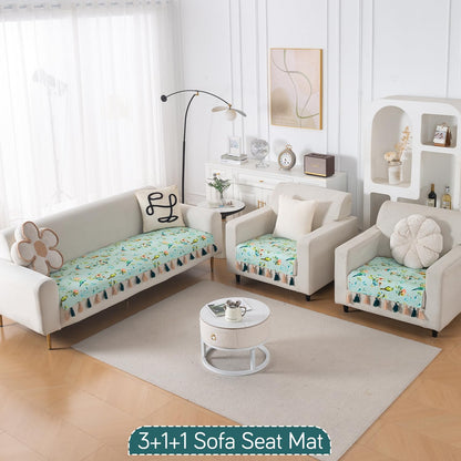 'Whispers of Nature' Series Holland Velvet Sofa Seat Mat with Tassel, Mint Birdsong Blossom