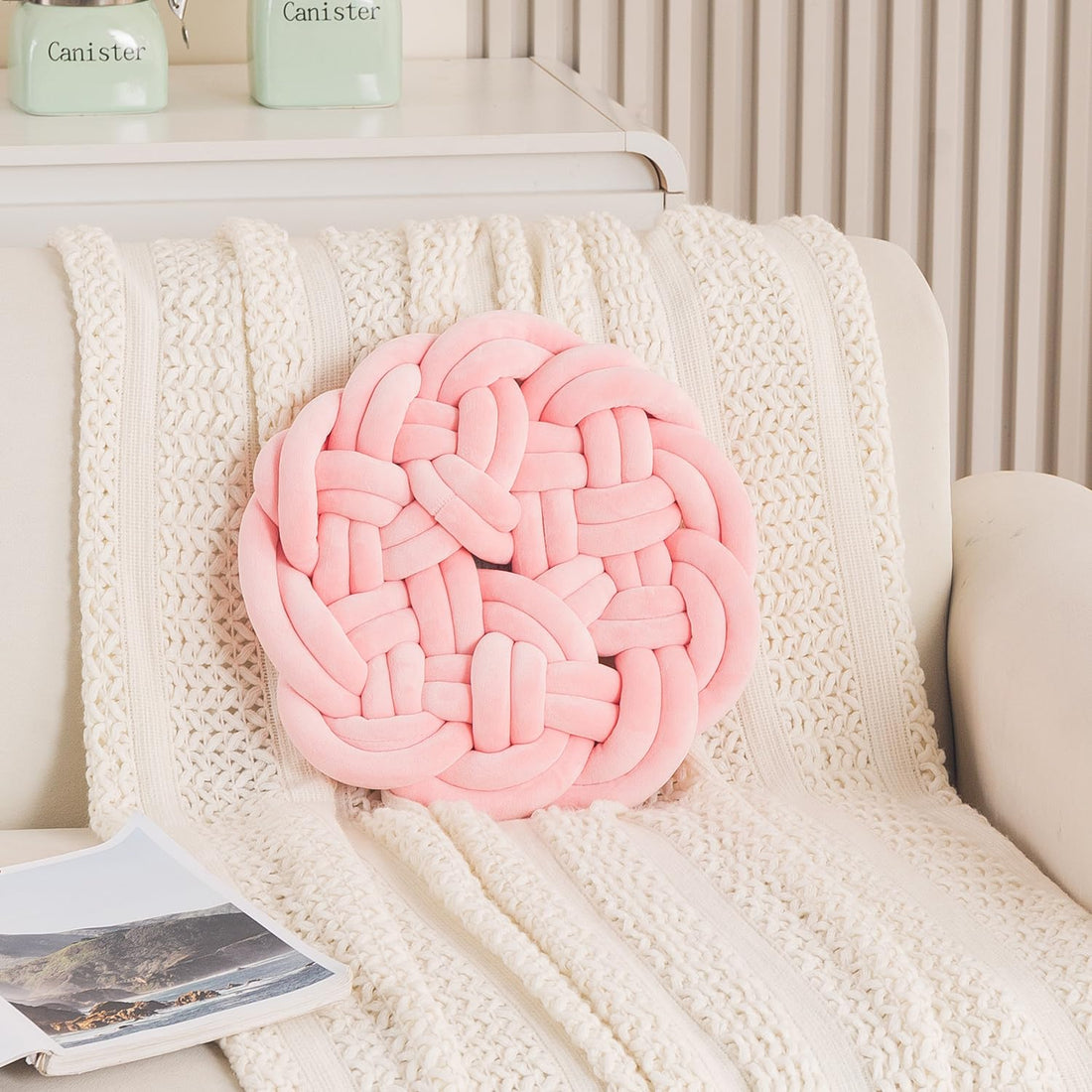 HOKIPO Round Braided Knot Cushion for Bed, Couch & Chair, 36 cm, Pink
