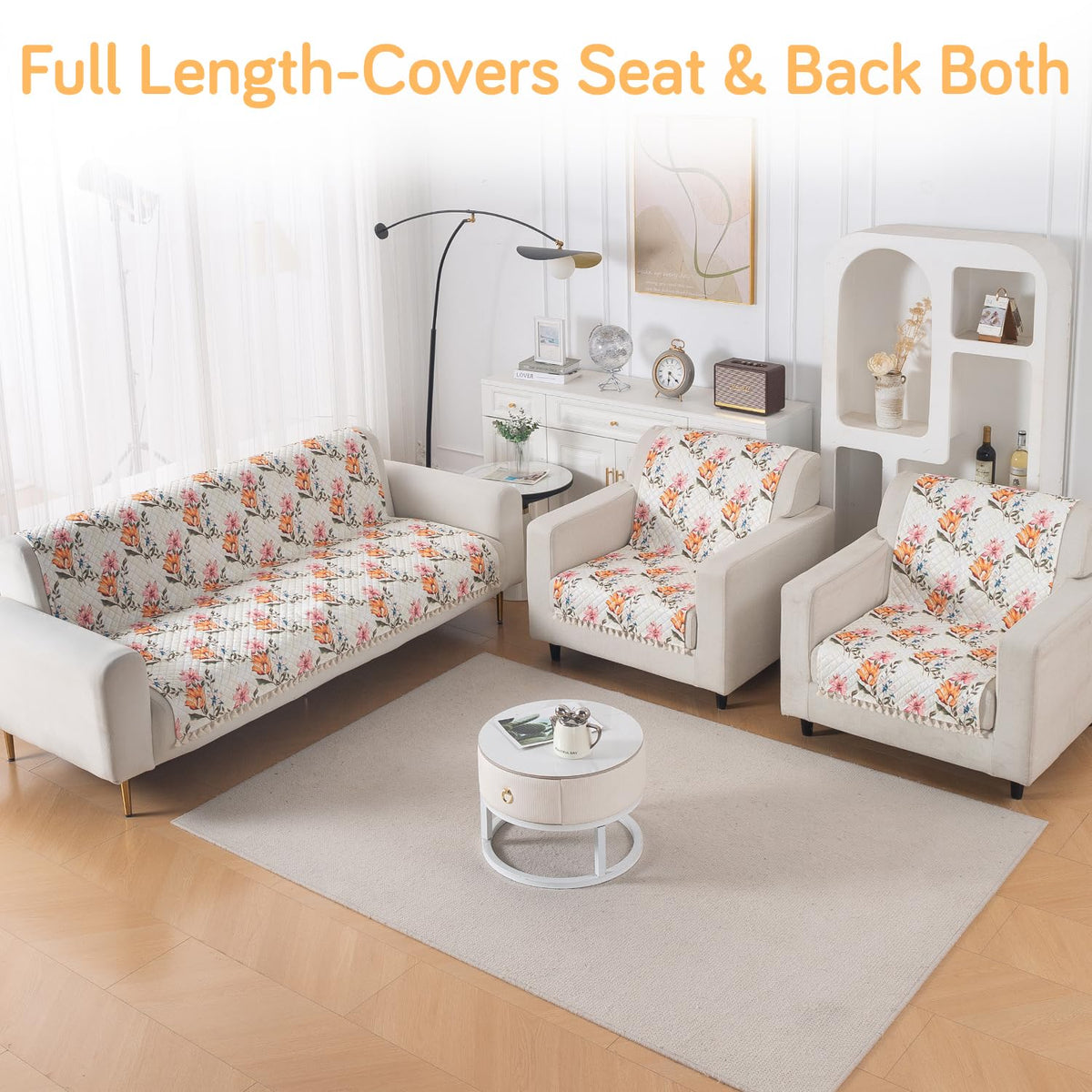 Quilted Sofa Cover 5-Seater Sofa Cover (3+1+1), Tassel Twigs | Painterly Floral