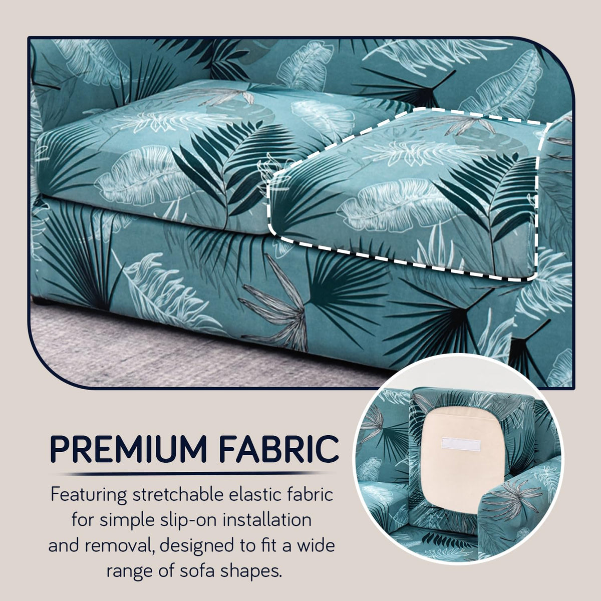 Printed Stretchable Sofa Slipcover with 1/2/3 Pc Separate Seat Cushion Cover for each 1/2/3 Seater, Aqua Palm Whisper