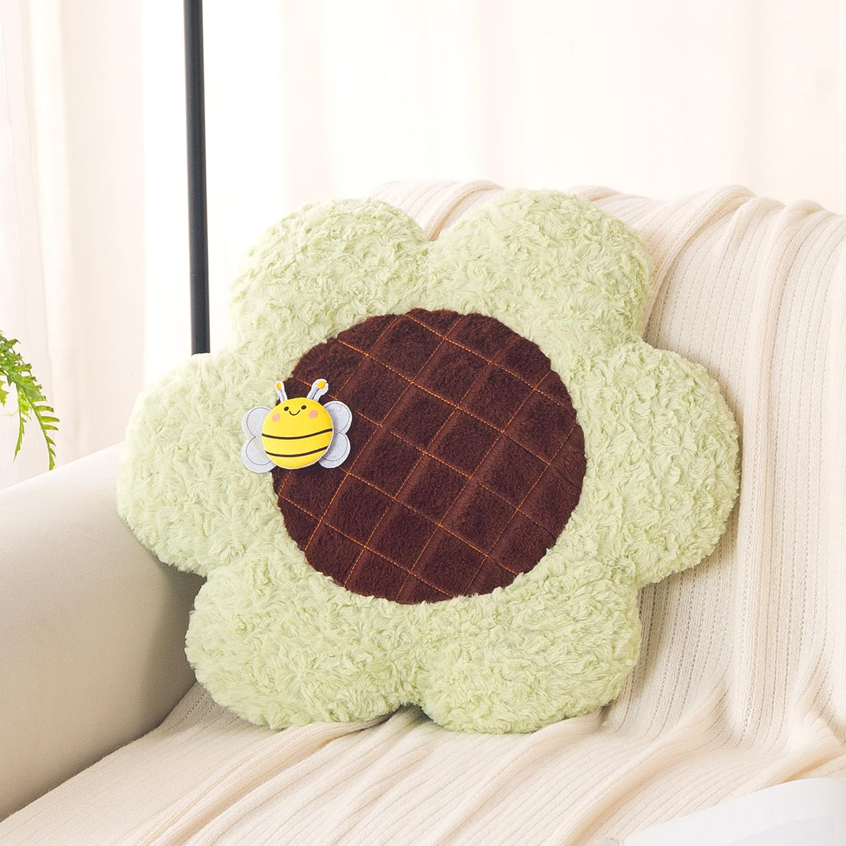 HOKIPO Sunflower Bee Cushion for Sofa & Bed, 50 cm, Green