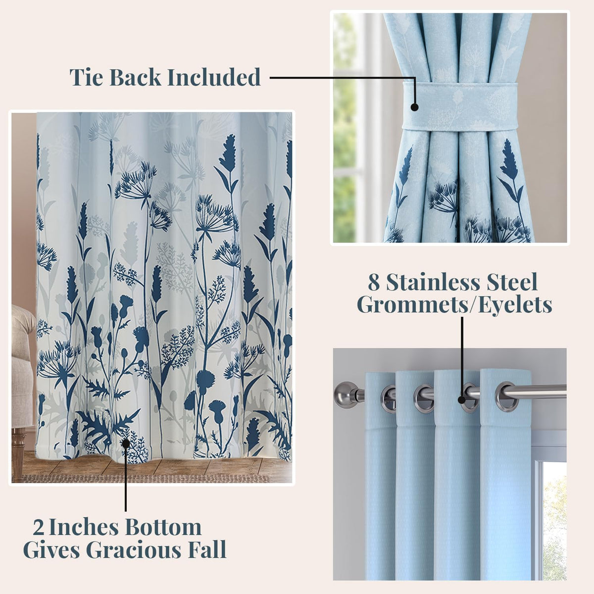 HOKIPO Harmony Printed Eyelet Curtains, 7 Feet Long - Blue Fern - image 4