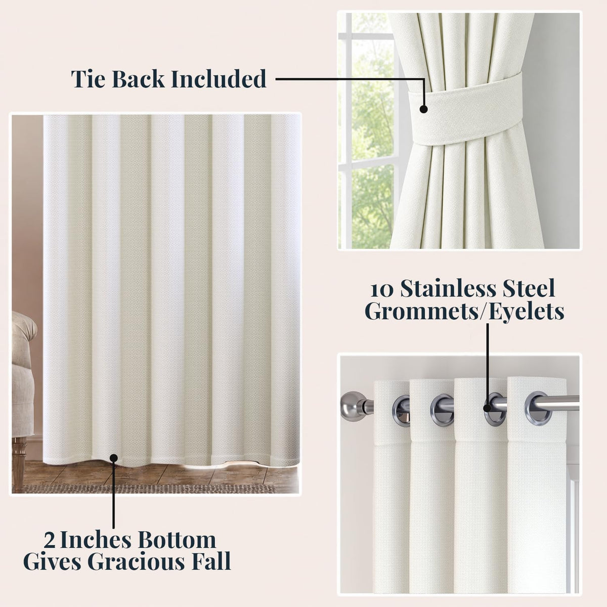 HOKIPO Horizon Dimout Eyelet Curtains, 7 Feet Long - Ivory Cream - image 4