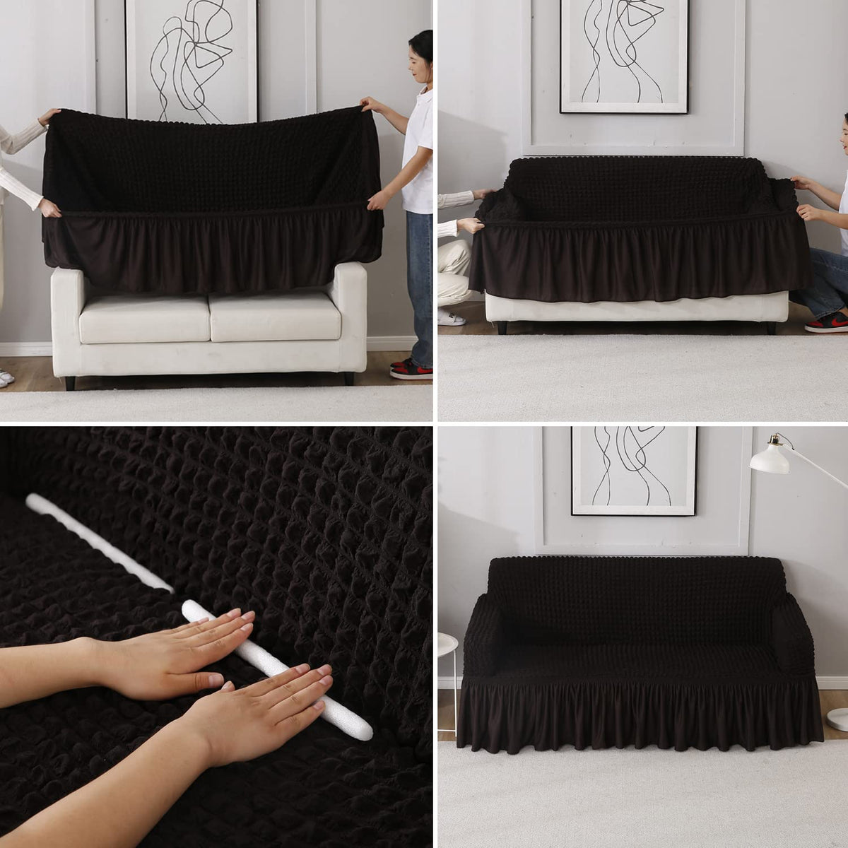 How to put Dark Chocolate stretchable Turkish Bubble frill sofa cover guide