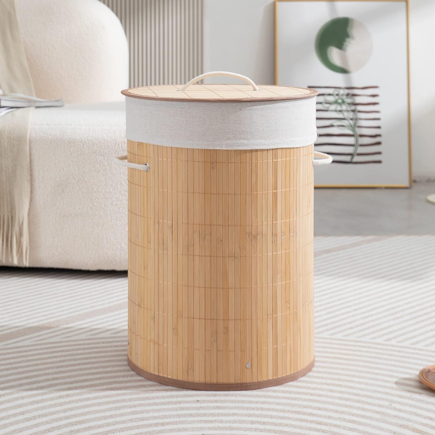 Eco-Friendly Foldable Bamboo Laundry Basket Hamper with Lid, Large - 57 Liter, Light Brown
