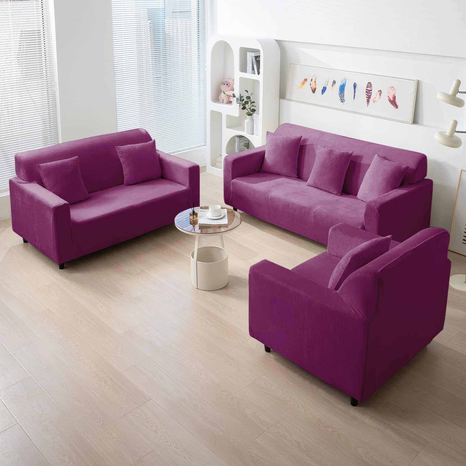 Purple elastic stretchable velvet sofa cover set available for 1, 2, 3, 4, 5, 6 & 7 seater sofas