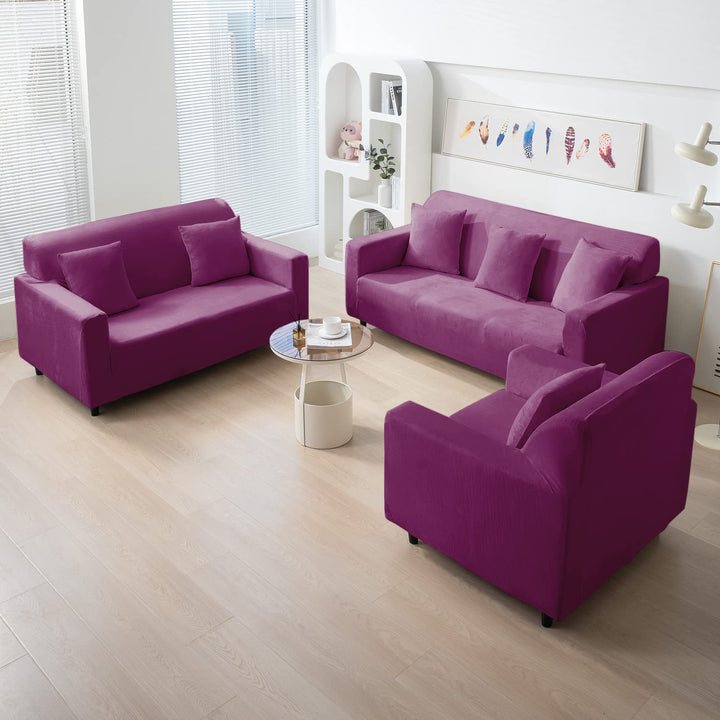 Purple elastic stretchable velvet sofa cover set available for 1, 2, 3, 4, 5, 6 & 7 seater sofas