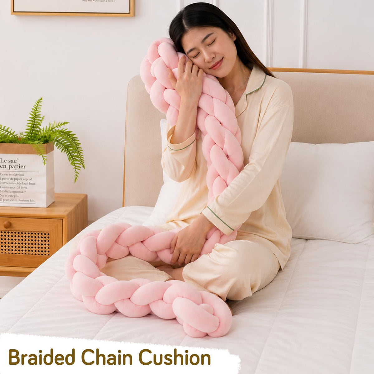 HOKIPO Braided Knot Chain Pillow for Sofa & Bed, 200 cm, Pink