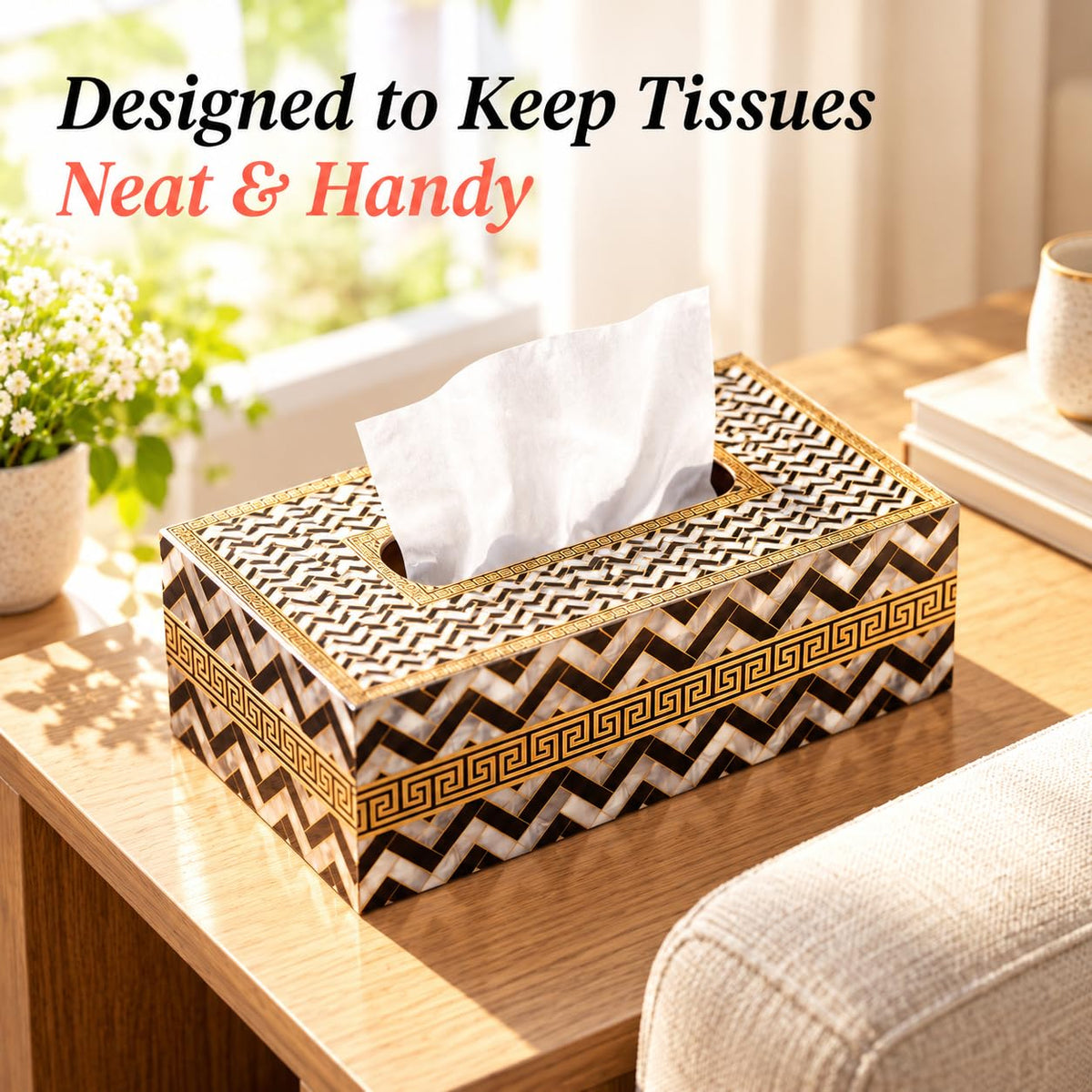 HOKIPO Tissue Box Holder, Rectangle, Engineered Wood, Noir Chevron - image 5
