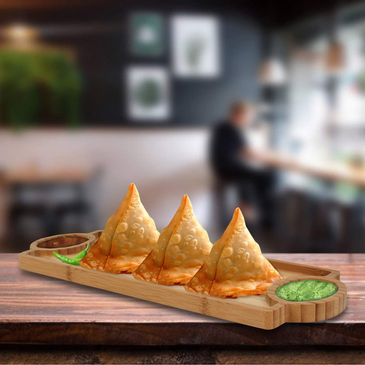 wooden Snack serving tray​ with 2 Dip Bowls | Set of 2