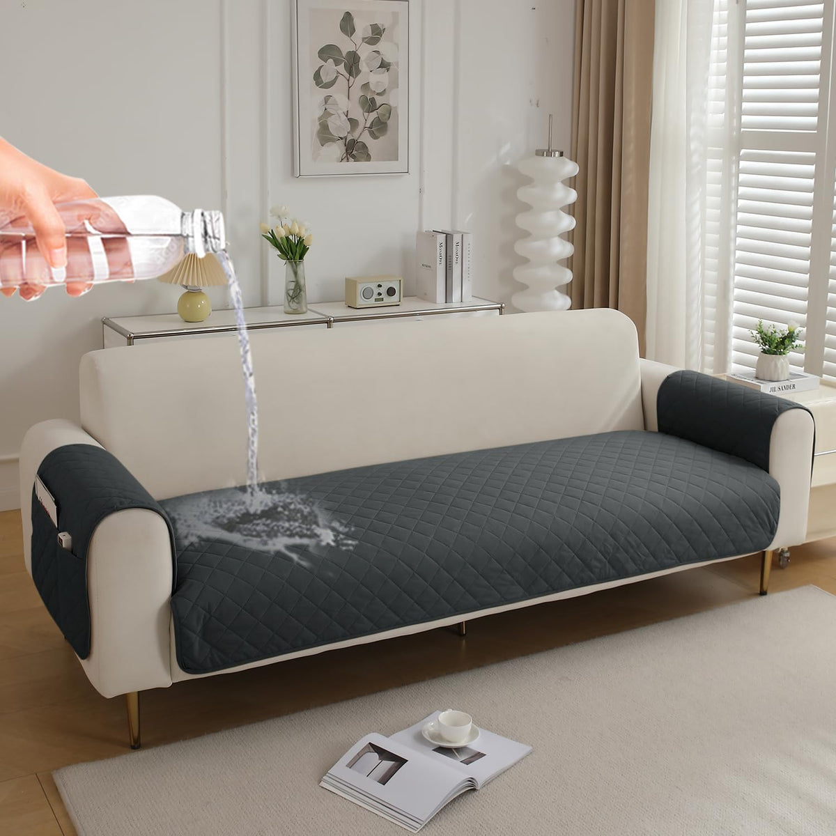 Quilted Waterproof Sofa Seat Mat for 1/2/3 Seater Sofa with 2 Armrest Covers with Pockets, Grey