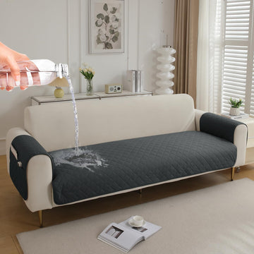 Quilted Waterproof Sofa Seat Mat for 1/2/3 Seater Sofa with 2 Armrest Covers with Pockets, Grey