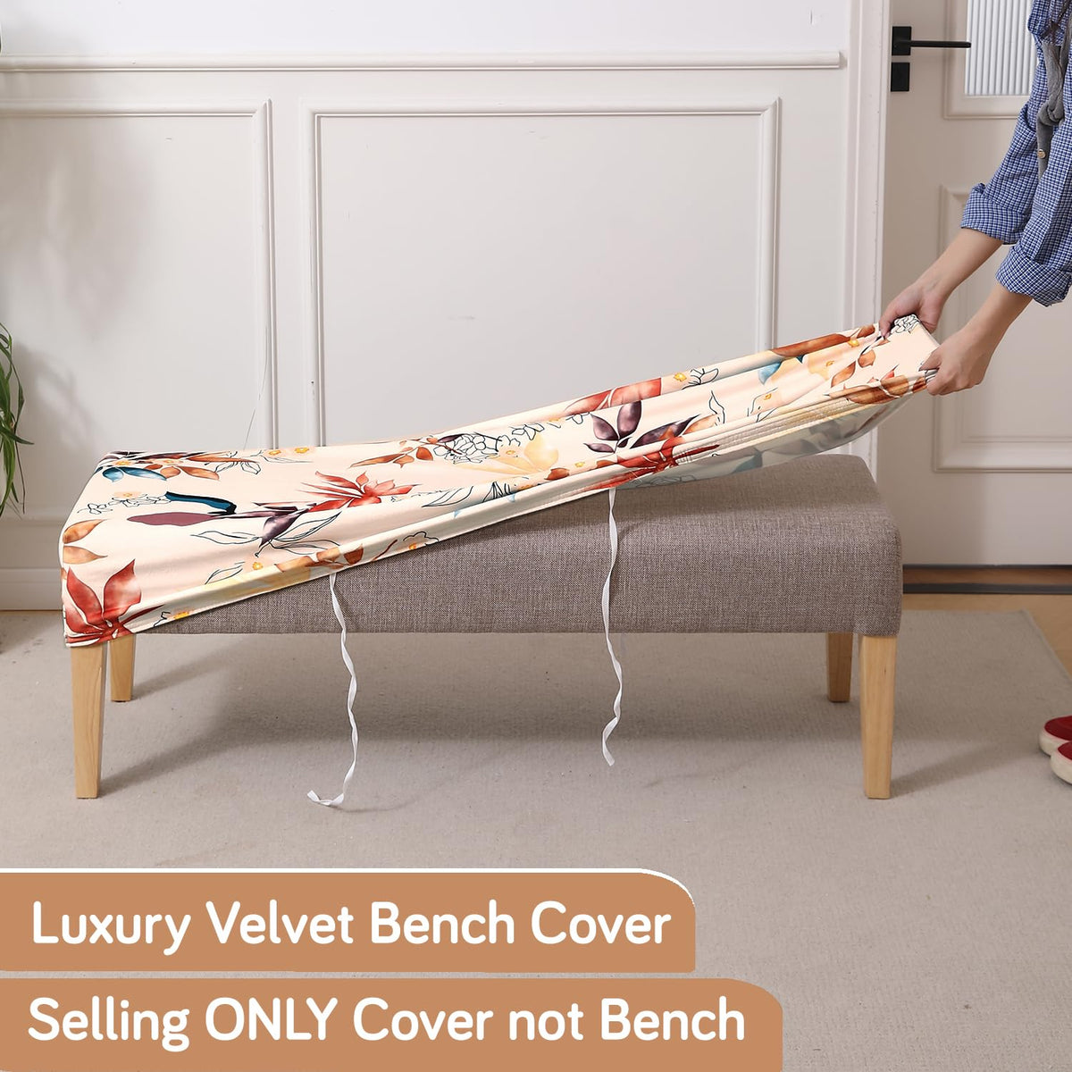 Premium Printed Velvet Elastic Dining Bench Cover, Amber Serene Flora
