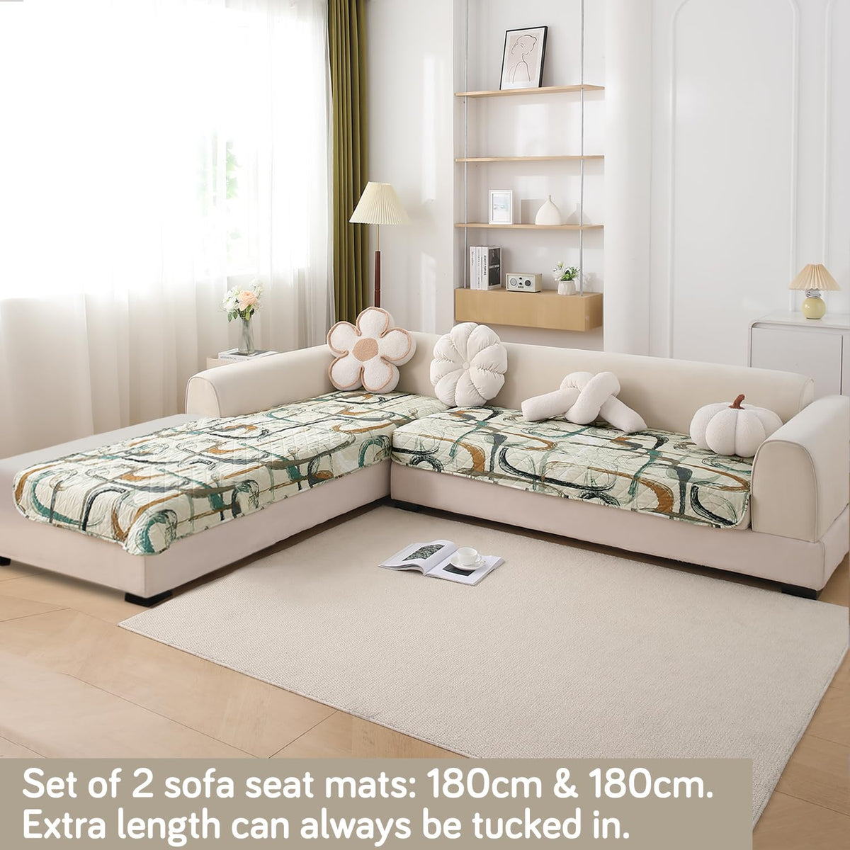 Waterproof Printed Quilted Quick Dry L Shape Sofa Seat Cover Mat, Parchement Beige Abstract Art