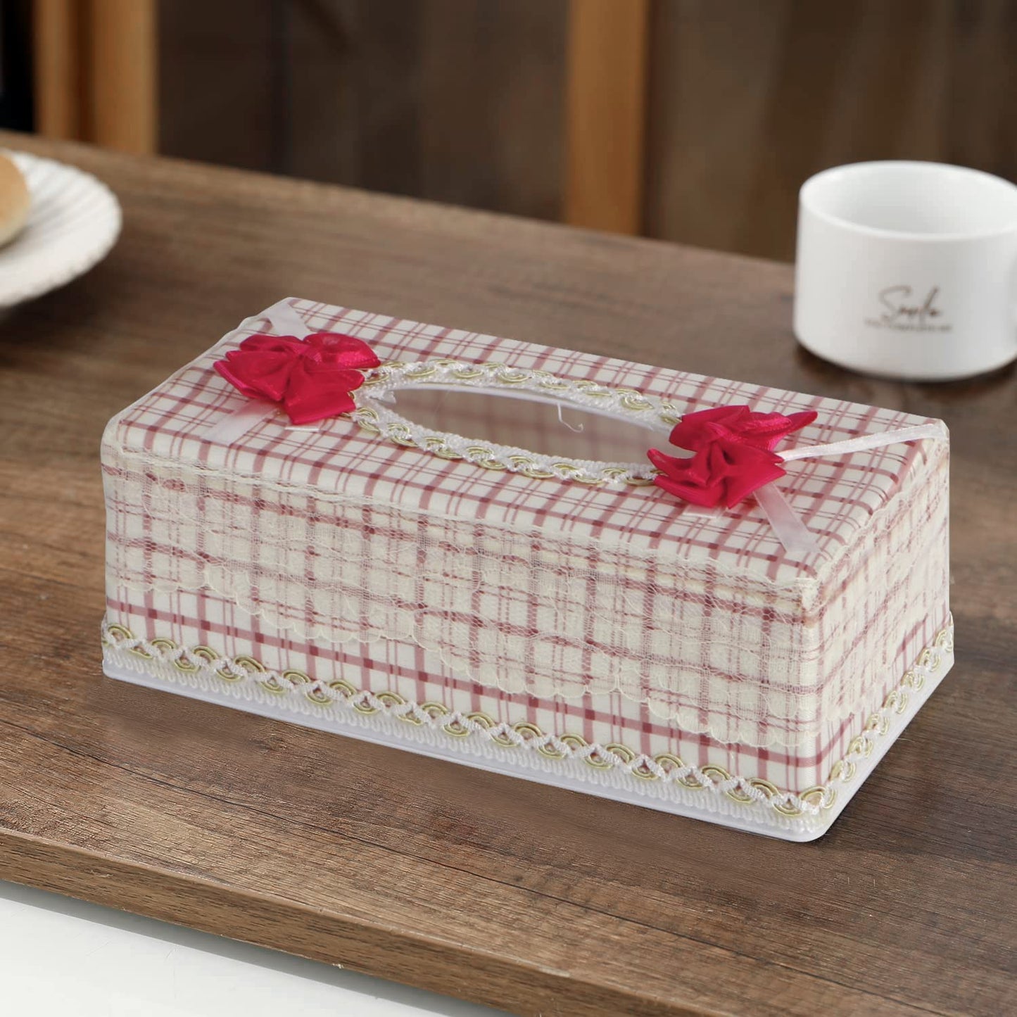 Plastic Tissue Box Holder, Checkered Pink