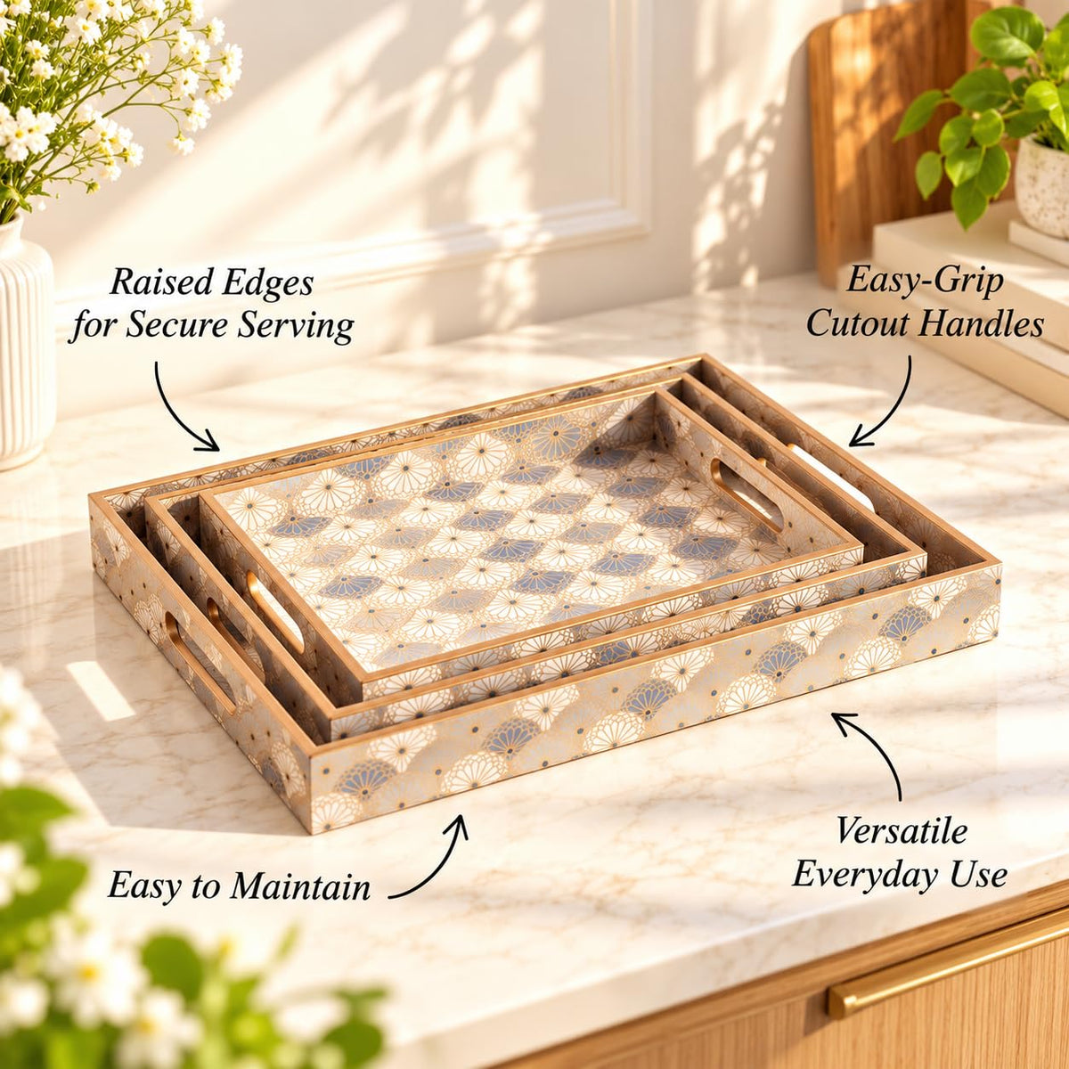 HOKIPO Serving Tray Set of 3, Engineered Wood, Indigo Flora - image 8