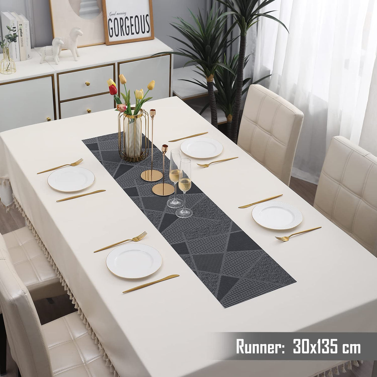Buy Abstract Black Colour PVC Table Runner for 4 Seater (30x135cm) | HOKIPO