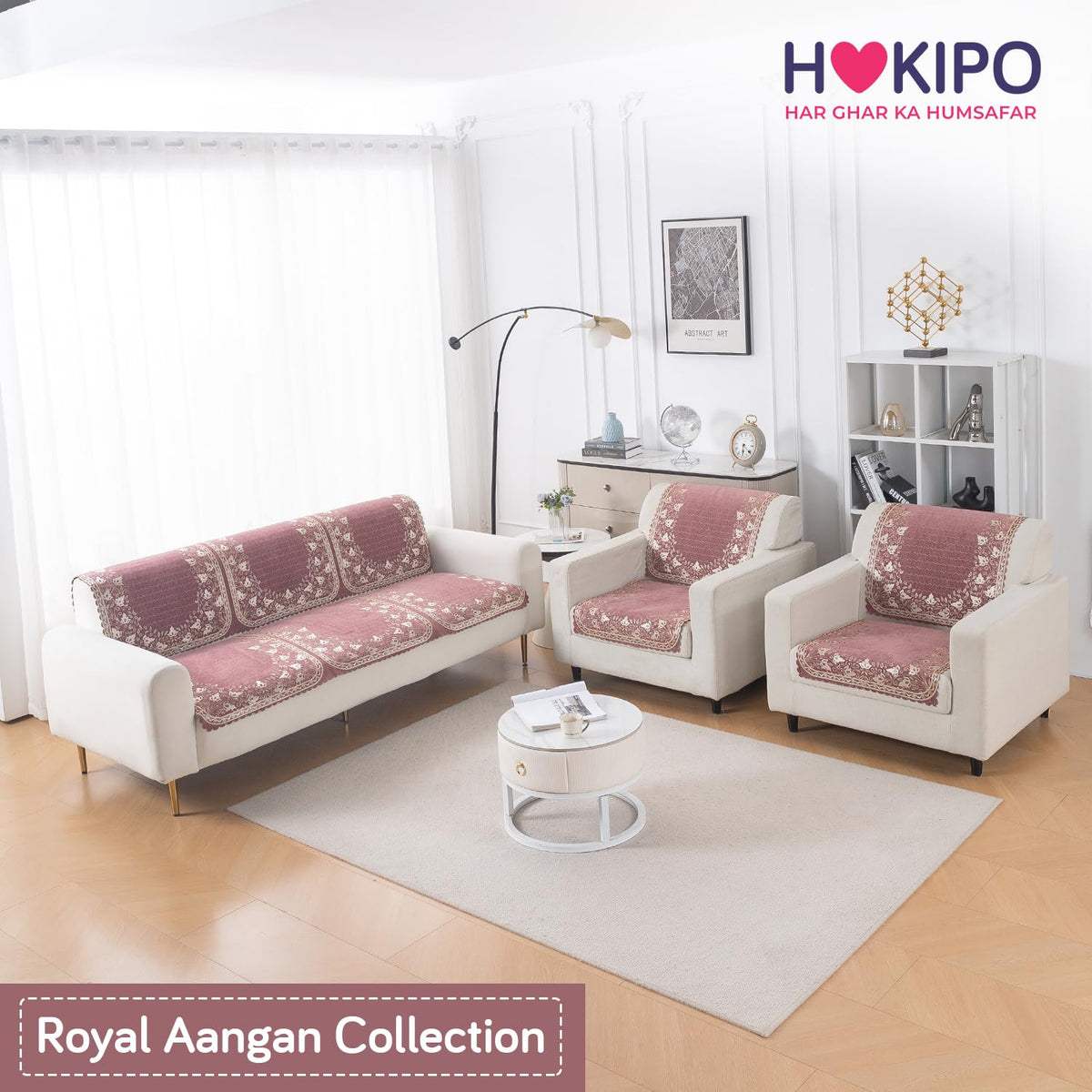 Royal Aangan Premium Chenille Jacquard Sofa Cover 5 Seater Set 3+1+1 Sofa Cover for Seat & Back, Gulabi Jaal