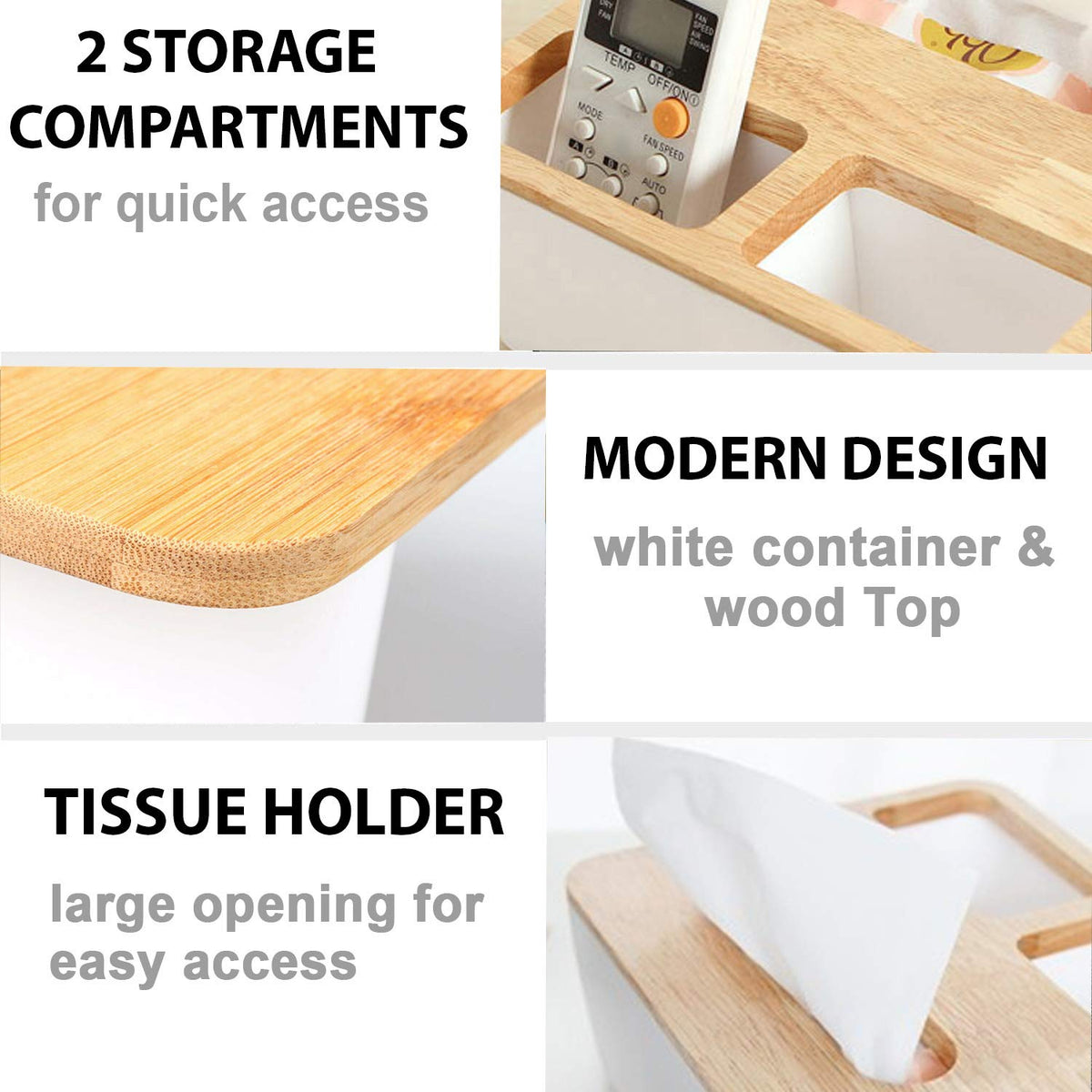White tissue box with wood lid, 2 storage compartments, and modern design features | Hokipo