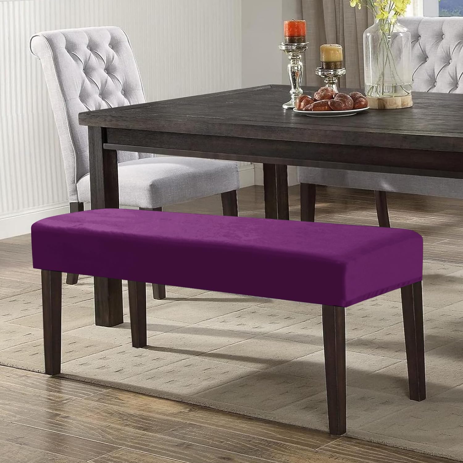 Elastic Fitted Dining Bench Slipcover, Purple