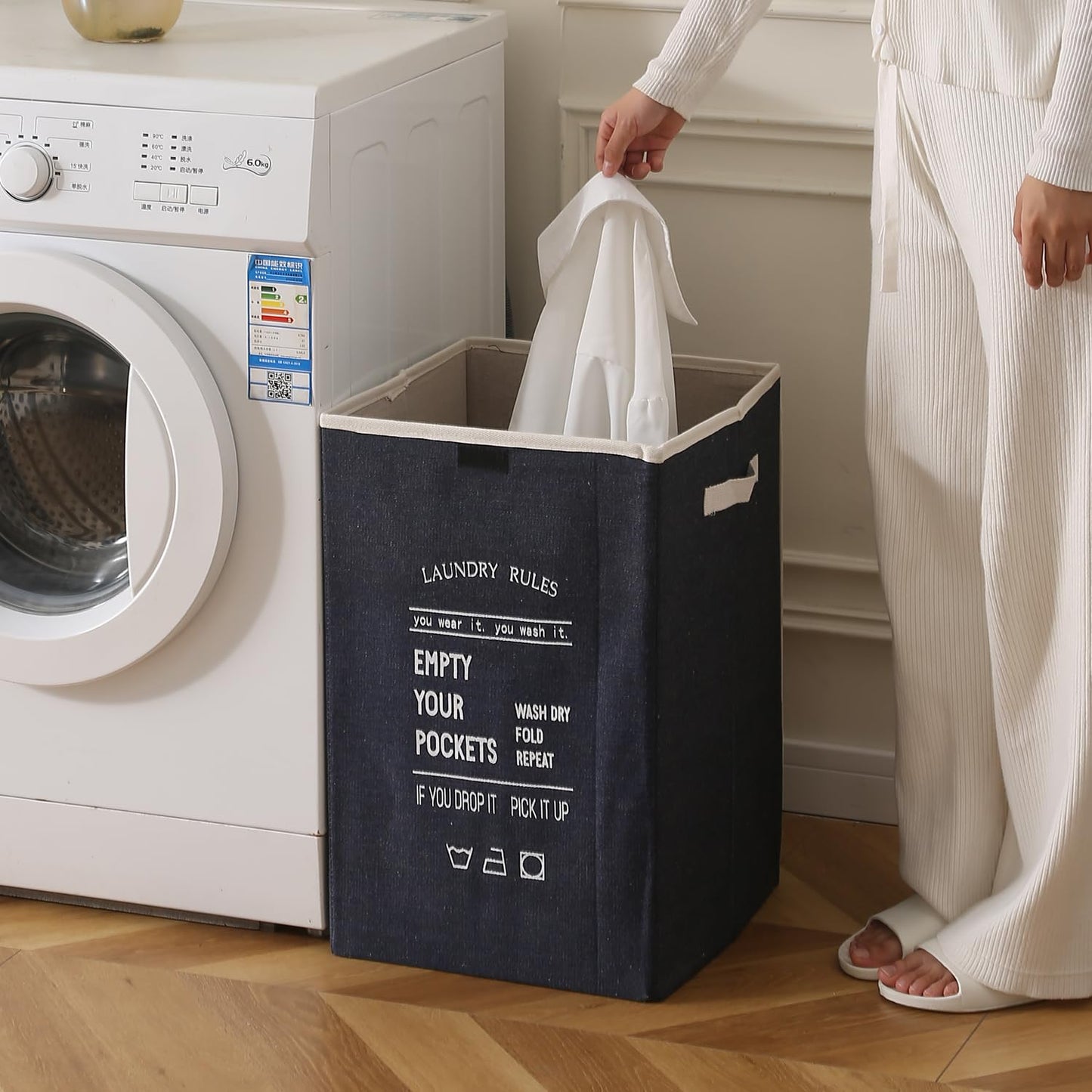 Foldable Laundry Basket for Clothes with Lid, Navy Blue