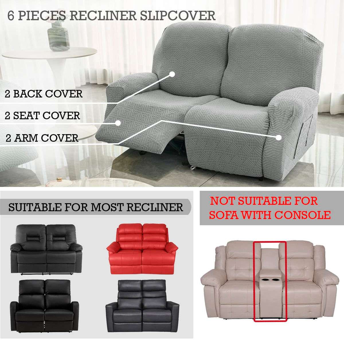 Buy Light Grey Colour Jacquard 6 Pieces Recliner Slipcover | HOKIPO