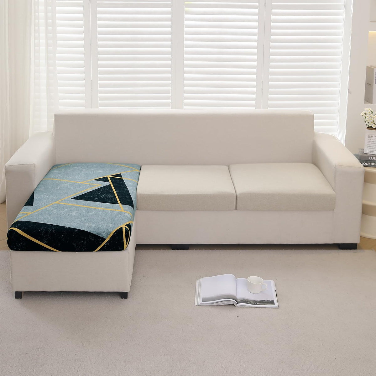 140 GSM Stretchable Printed Elastic Sofa Cushion Seat Cover for 1 /2 /3 Seaters / Pieces for Sofa, Multicolor Abstract Geometry