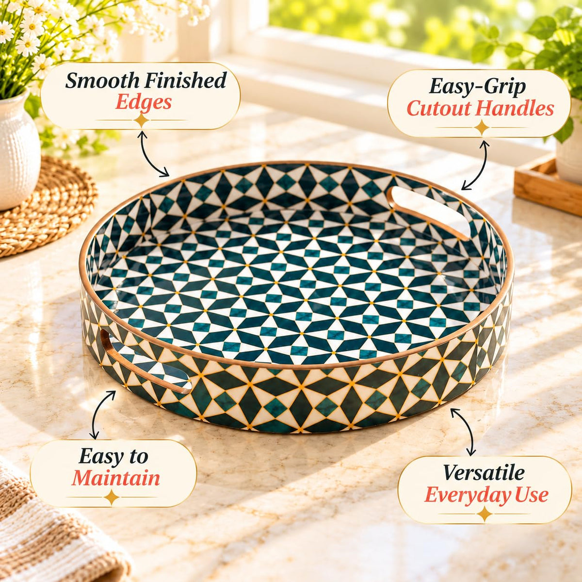HOKIPO Round Serving Tray 12 in, Engineered Wood, Moroccan Prism - image 8