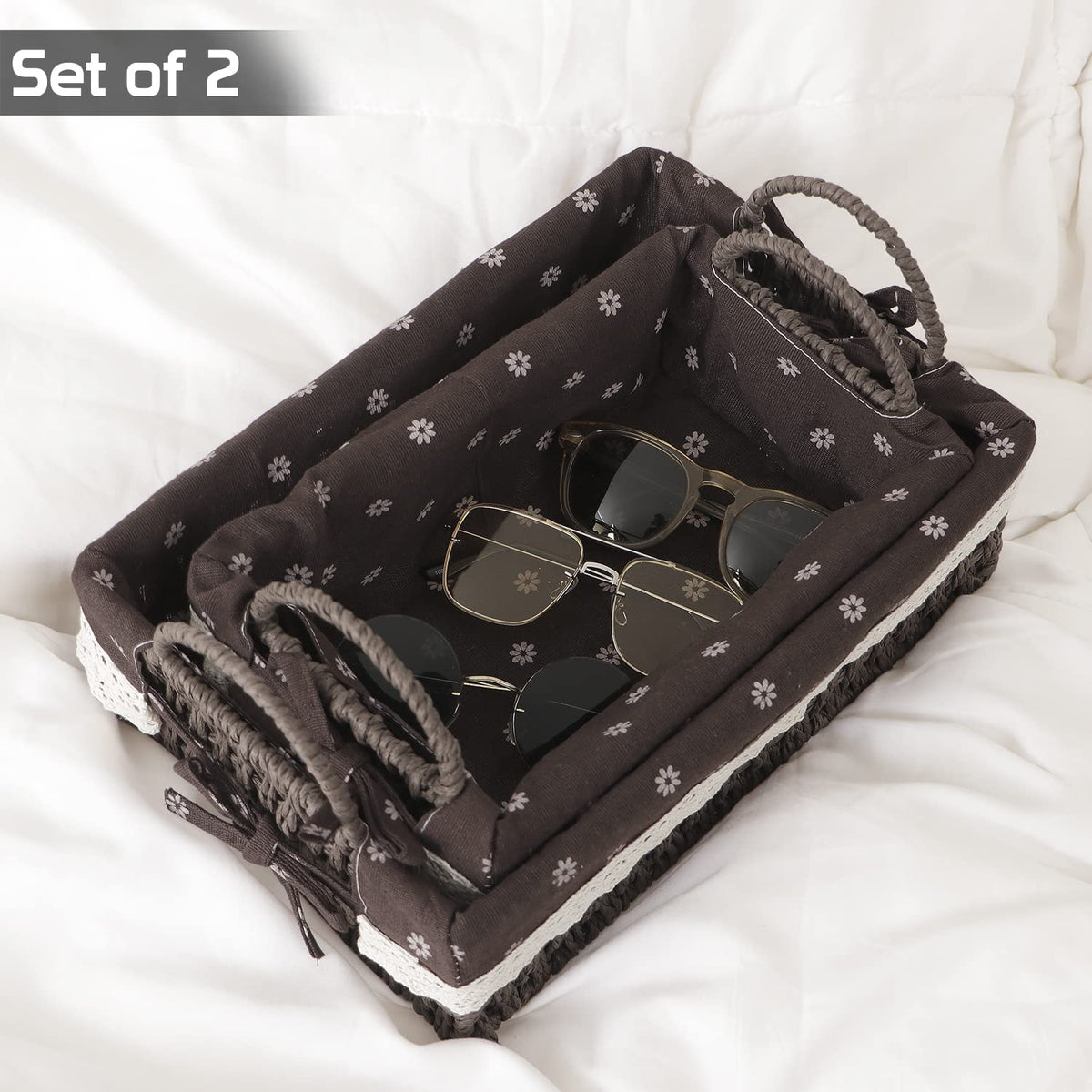 Environmental Friendly Paper Rope Wicker Storage Baskets with Handle, Pack of 2, Brown