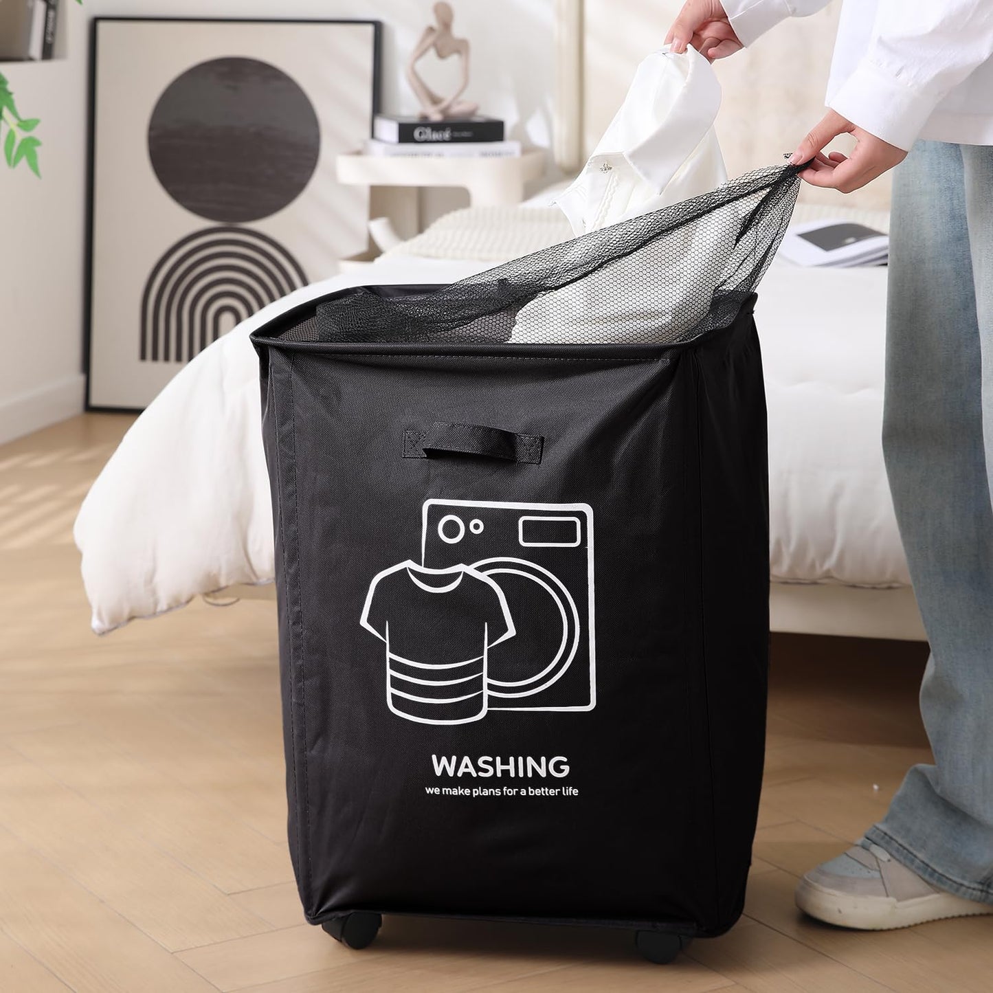 Laundry Basket Bag with Wheels Hamper, Black