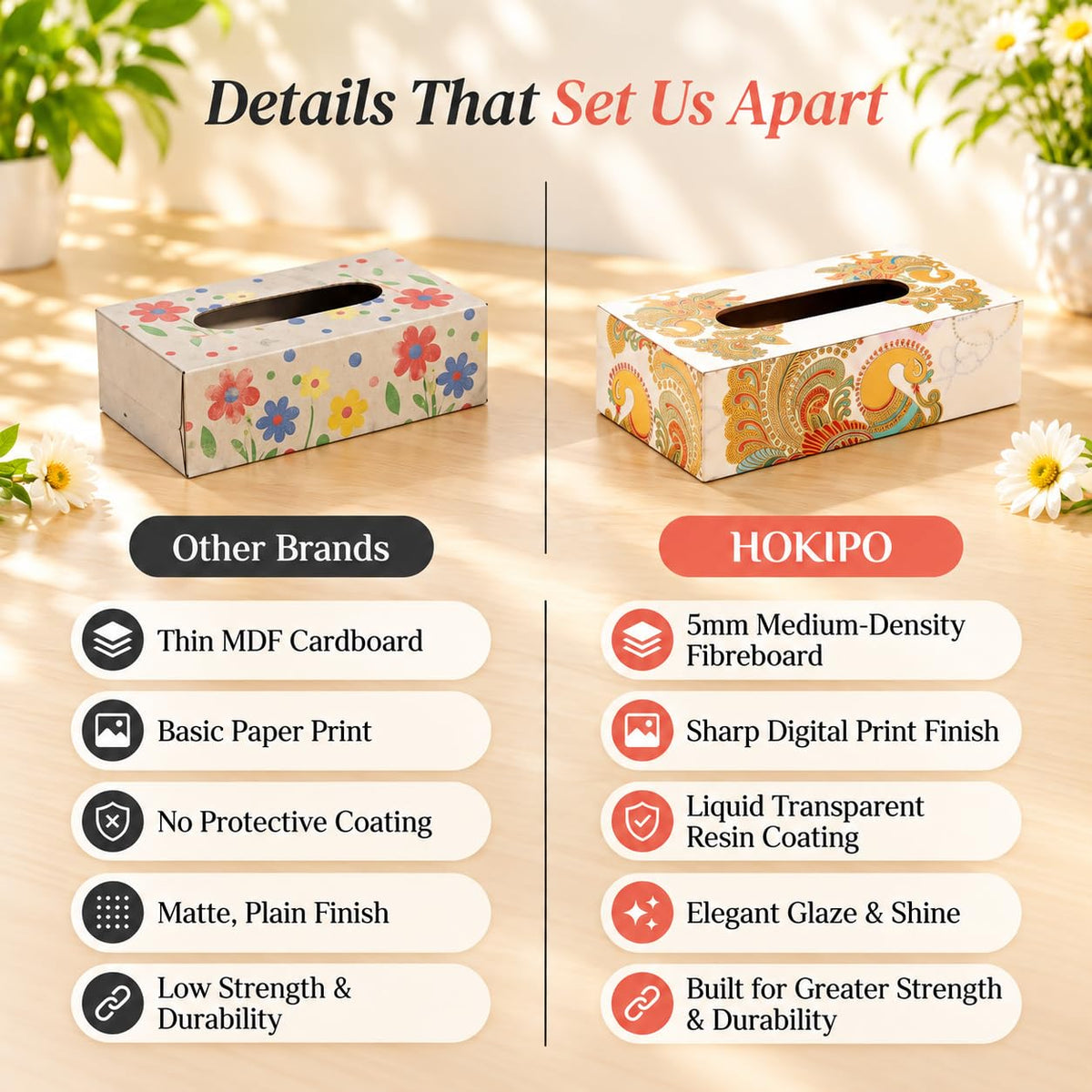 HOKIPO Tissue Box Holder, Rectangle, Engineered Wood, Mayur Mahal - image 3