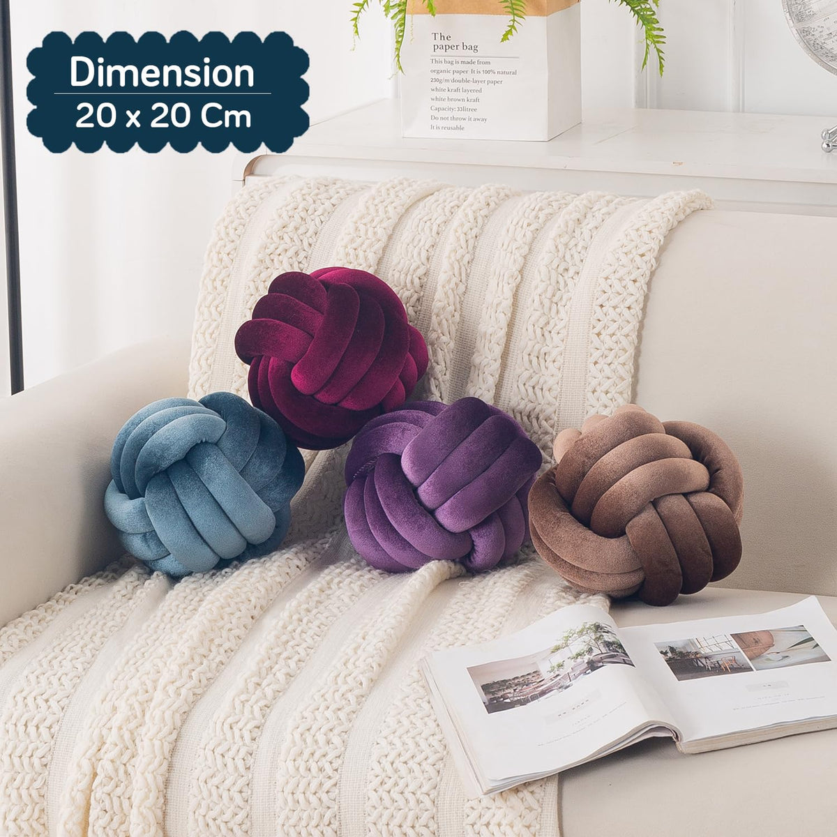 HOKIPO Velvet Knot Ball Cushion for Sofa & Bed, 20 cm, Blue