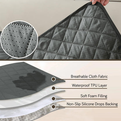 HOKIPO Quilted Waterproof Sofa Seat Mat for 1/2/3 Seater Sofa with 2 Armrest Covers with Pockets, Grey