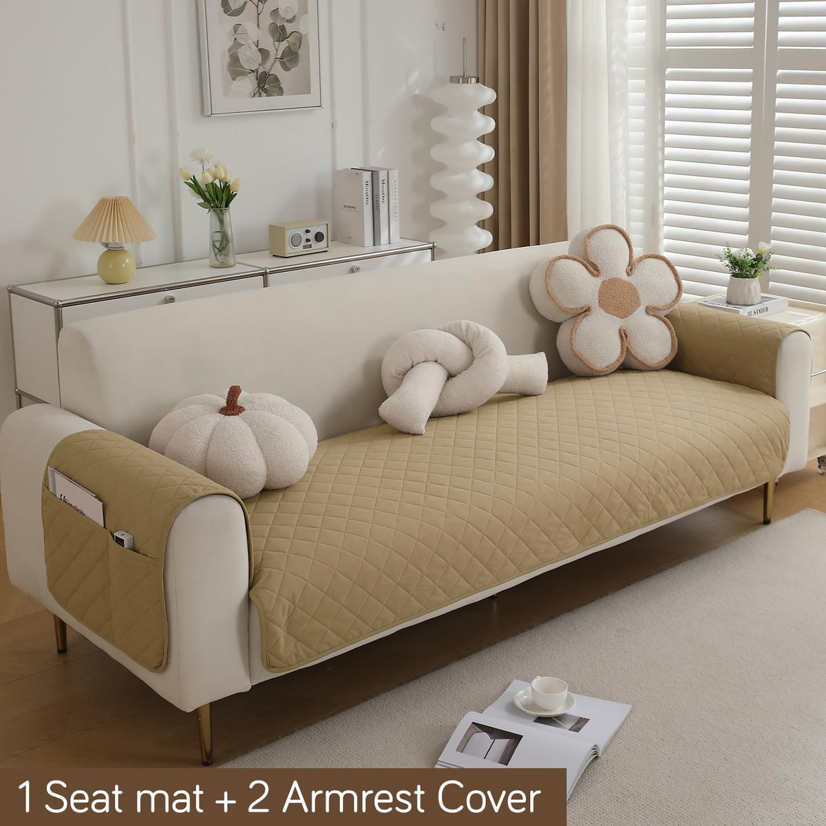 Quilted Waterproof Sofa Seat Mat for 1/2/3 Seater Sofa with 2 Armrest Covers with Pockets, Beige