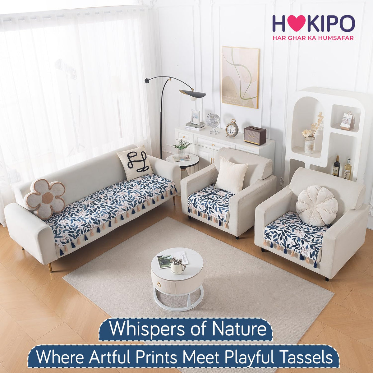 'Whispers of Nature' Series Holland Velvet Sofa Seat Mat with Tassel, Indigo Foliage