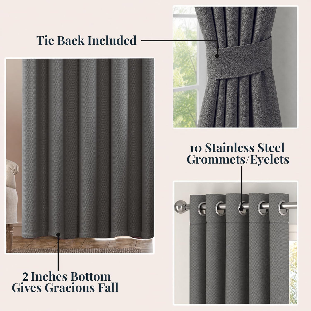 HOKIPO Horizon Dimout Eyelet Curtains, 7 Feet Long - Charcoal Grey - image 4