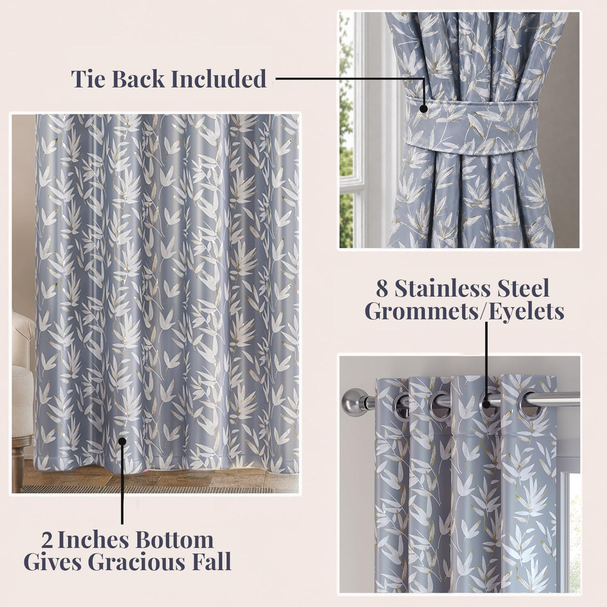 HOKIPO Luxe Foliage Foil Printed Curtains, 7 Feet Long - Steel Grey - image 4