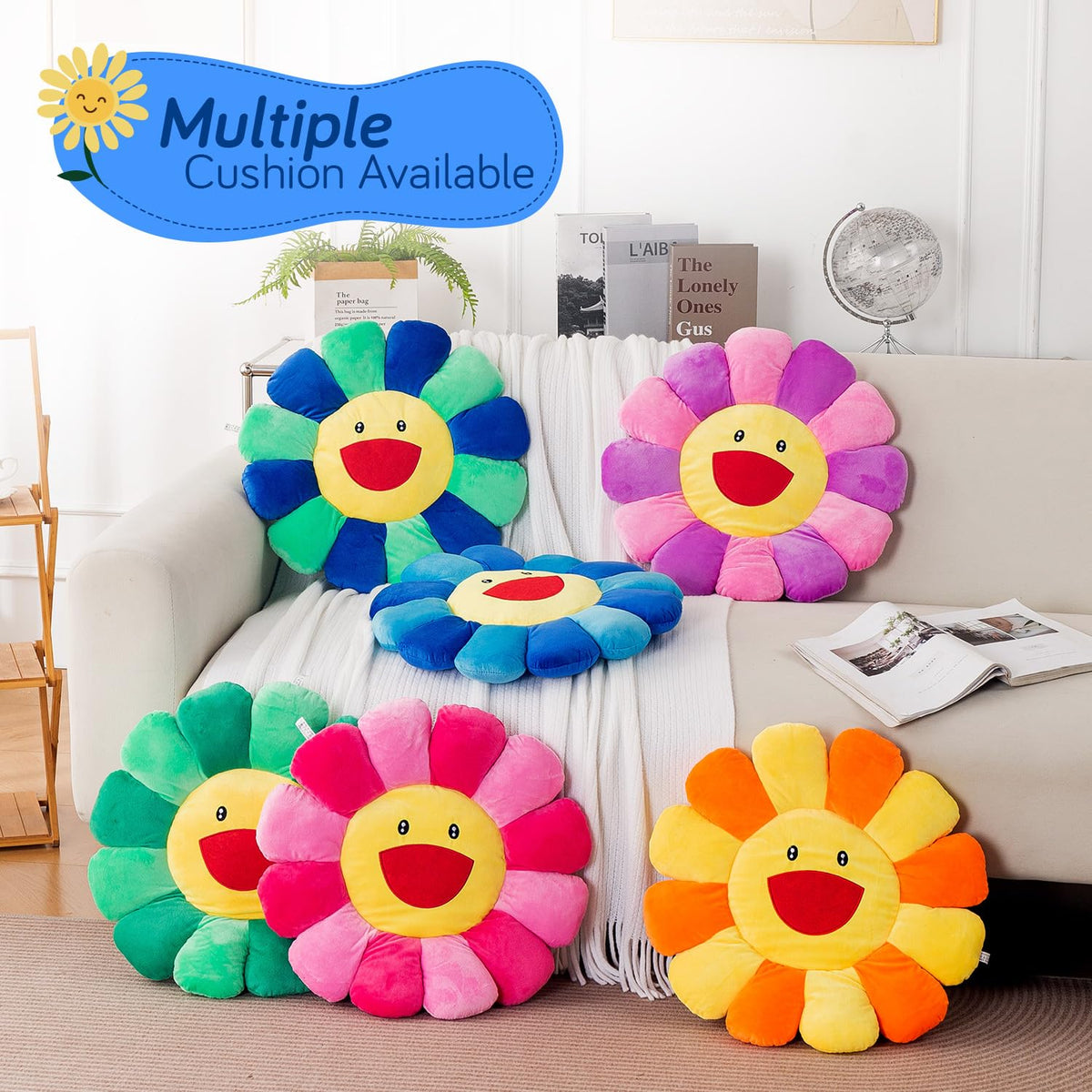 HOKIPO Smiley Sunflower Cushion for Sofa & Bed, 45 cm, Blue