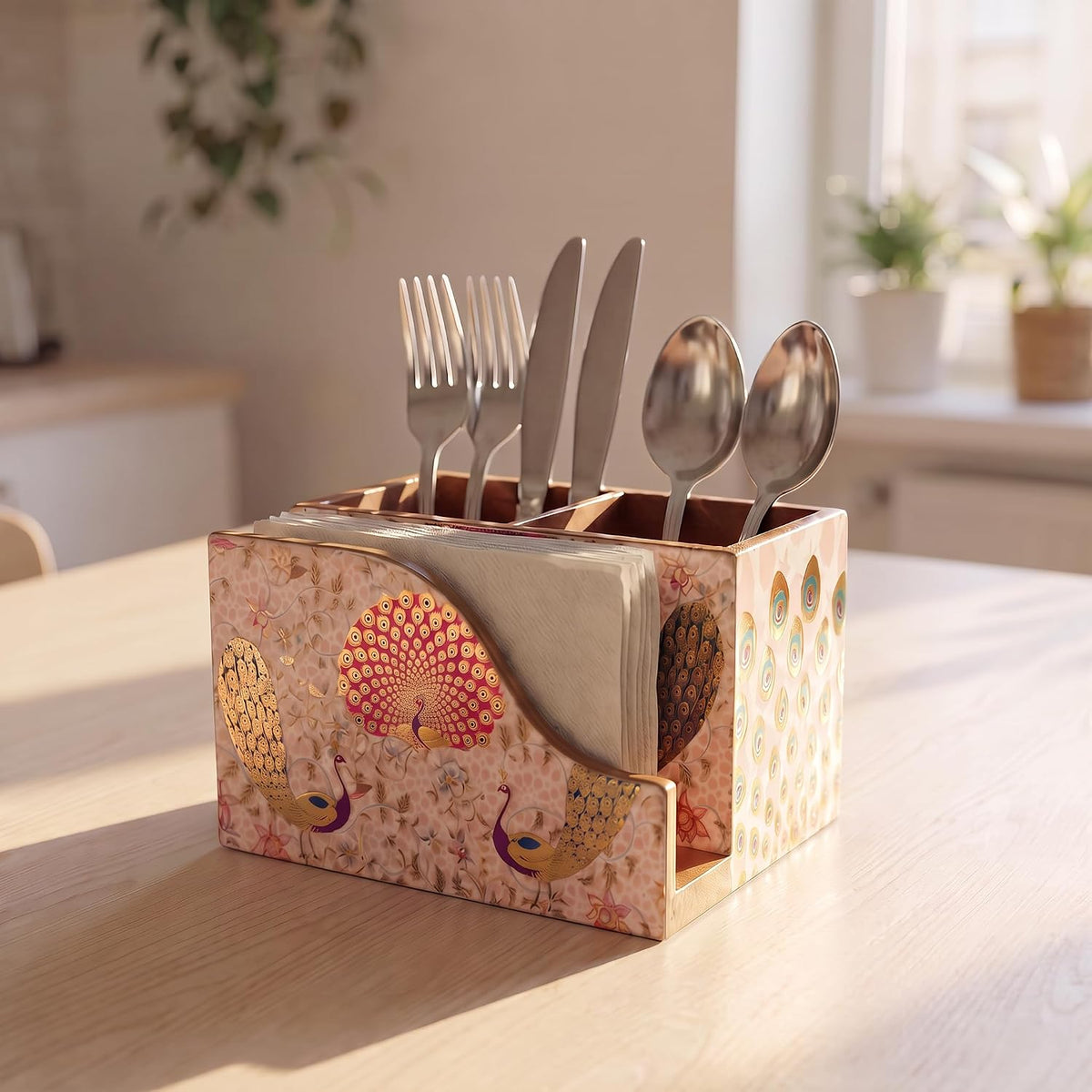 HOKIPO Cutlery Holder with Napkin Stand, Engineered Wood, Swarna Vriksha - image 9